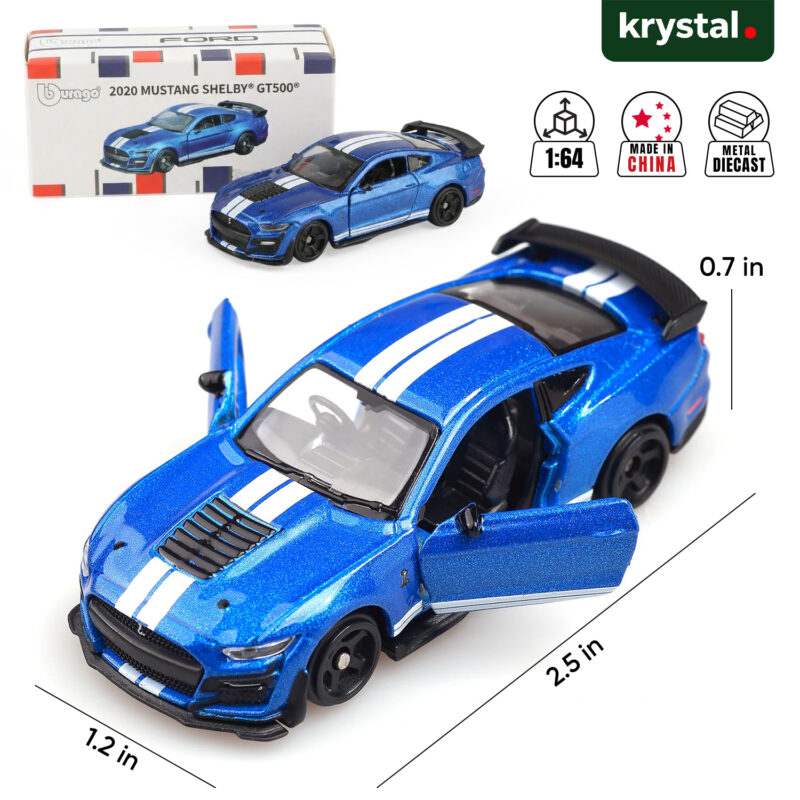 Bburago 2020 Ford Mustang Shelby GT500 1:64 diecast muscle car in blue with white racing stripes and openable doors