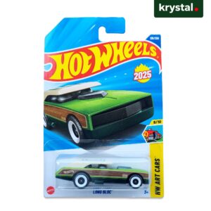 Hot Wheels Long Bloc 2025 HW Art Cars diecast in British Racing Green with wood panels and white-rim wheels