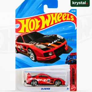 Hot Wheels 24/Seven red 1:64 die-cast car, HW Nightspeed 38/250 with black hood and Japanese Katakana decals