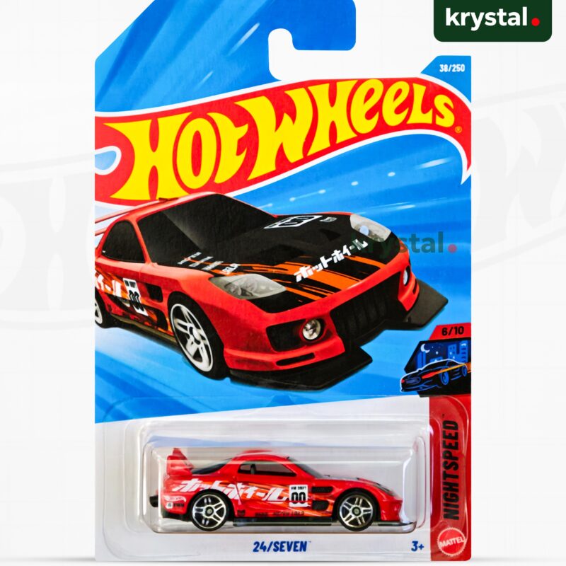Hot Wheels 24/Seven red 1:64 die-cast car, HW Nightspeed 38/250 with black hood and Japanese Katakana decals