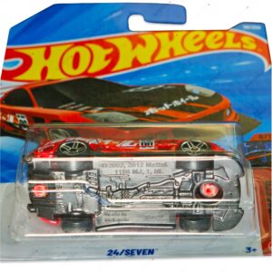 Red Hot Wheels 24/Seven 38/250 HW Nightspeed die-cast car showing chassis details in packaging