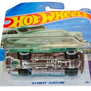 Hot Wheels '47 Chevy Fleetline seafoam green lowrider with chrome chassis detail in 1:64 scale packaging