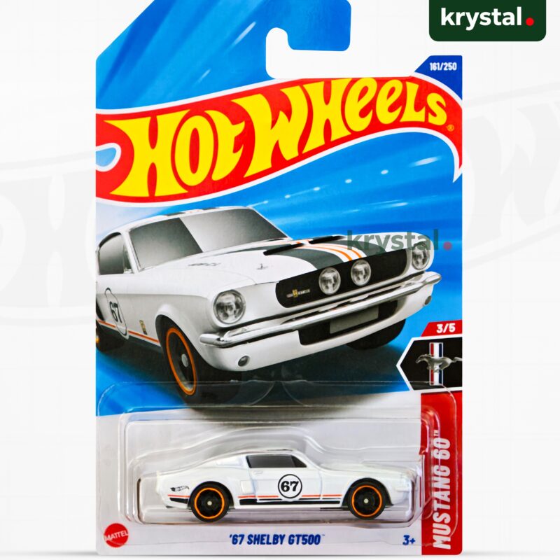 Hot Wheels 67 Shelby GT500 Mustang 60th Anniversary Wimbledon White diecast muscle car with retro racing stripes