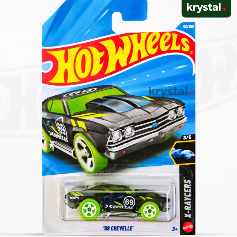 Hot Wheels 69 Chevelle X-Raycers 1:64 die-cast car with transparent black body and neon green wheels
