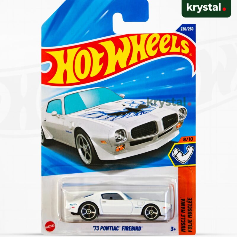 White Hot Wheels '73 Pontiac Firebird Trans Am diecast car with blue Screaming Chicken hood decal