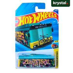 Hot Wheels Ain't Fare teal die-cast toy bus with colorful graffiti graphics and front bike rack in packaging