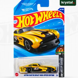 Yellow Hot Wheels Aston Martin DB4GT High-Speed Edition die-cast car with racing graphics #43