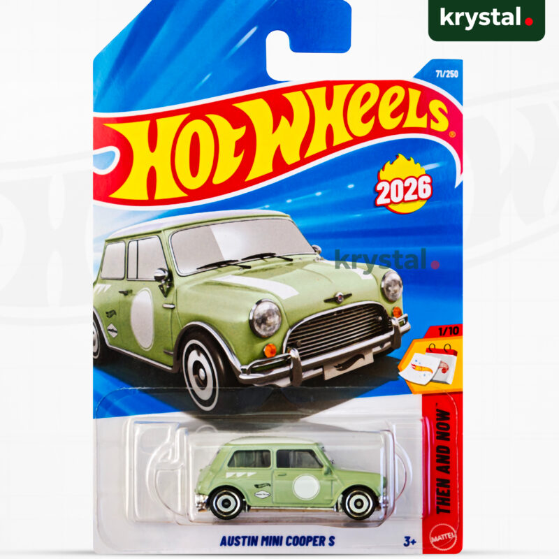 Hot Wheels Austin Mini Cooper S green die-cast 1:64 scale car, 2026 Then and Now mainline collection