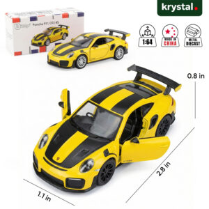 Yellow Bburago 1:64 Porsche 911 GT2 RS diecast model car with openable doors and black racing stripes
