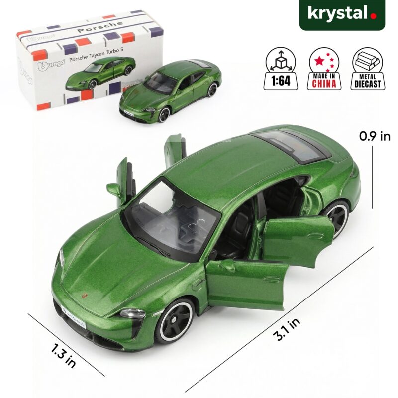 Metallic green Bburago 1:64 Porsche Taycan Turbo S diecast model car with opening doors and rubber tires