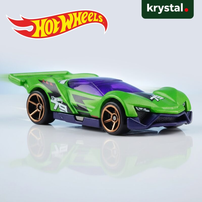 Hot Wheels Blitzspeeder green and purple die-cast toy car with number 79 racing decals and bronze rims