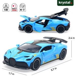 Blue 1:32 Bugatti Divo diecast supercar model with light, sound effects, and opening doors for collectors
