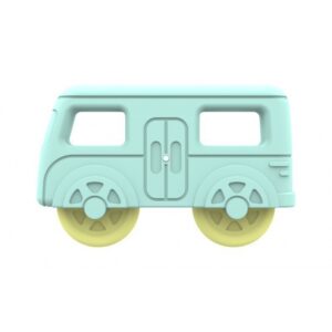 Mint blue bus-shaped silicone baby rattle and teether toy for infant sensory play and teething relief