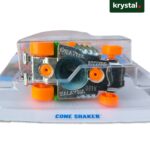 Mattel Hot Wheels Cone Shaker die-cast toy car underside view with orange wheels in blister pack