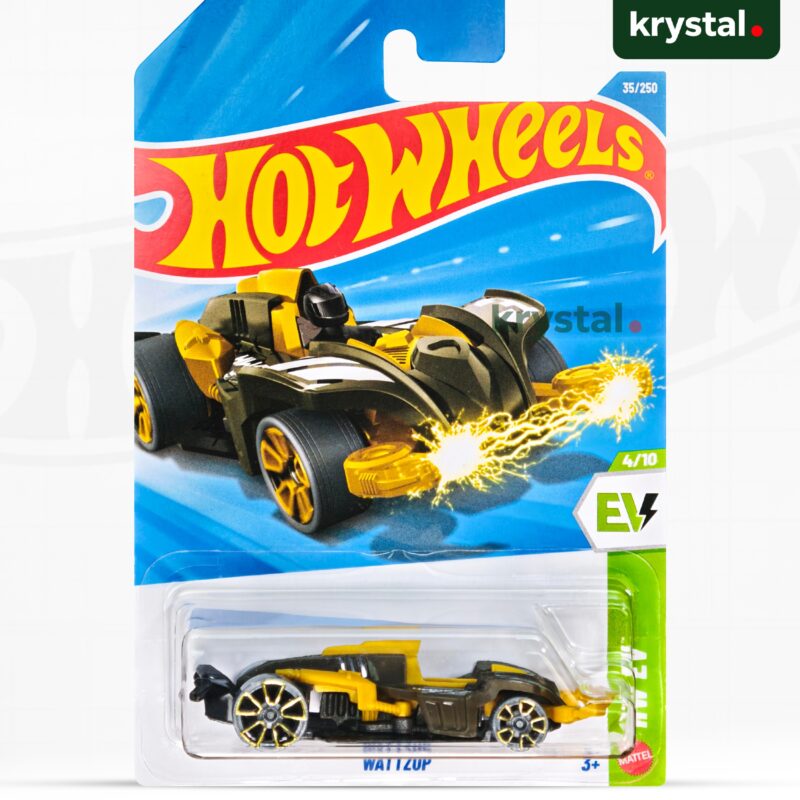 Hot Wheels Wattzup die-cast car in original packaging, yellow and black futuristic toy vehicle from HW EV series
