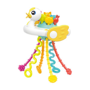 Krystal duck-shaped silicone sensory pull string toy with textured teethers and motor skill pop buttons for babies