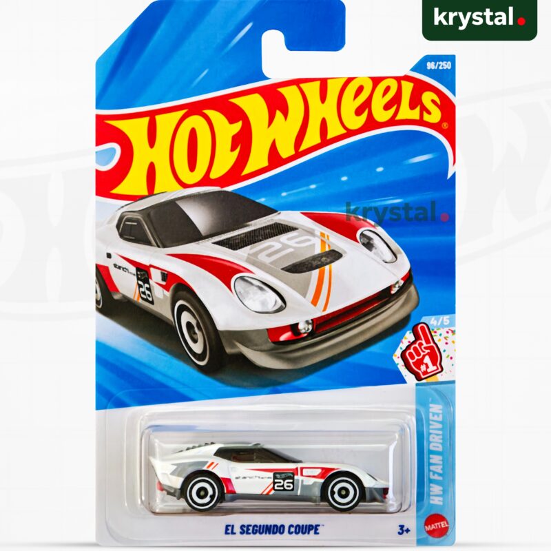 Hot Wheels El Segundo Coupe white die-cast car with red racing stripes and #26 graphics, HW Fan Driven 96/250