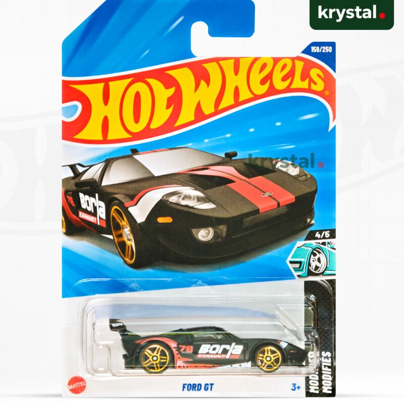 Hot Wheels Ford GT Borla Edition black 1:64 scale die-cast car with red racing stripes, HW Modified series
