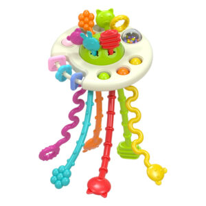 Krystal silicone sensory pull string toy for baby motor skills and teething relief with colorful textured ropes