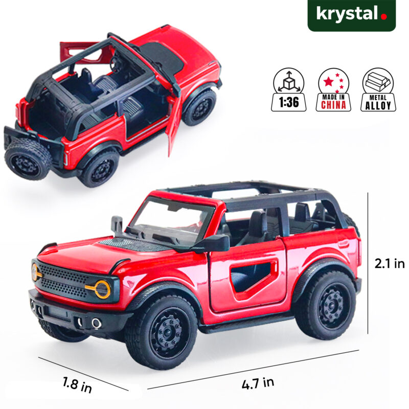 Red Ford Bronco 1:36 scale diecast model car with metal alloy body and openable doors