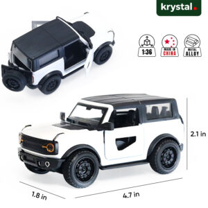 White 1:36 Ford Bronco diecast model car, zinc alloy off-road SUV with openable doors and pull-back action