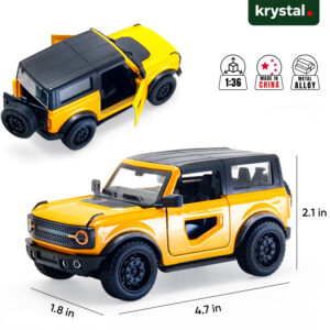 Yellow Ford Bronco 1:36 scale diecast SUV model car with openable doors, alloy body, and pull-back action