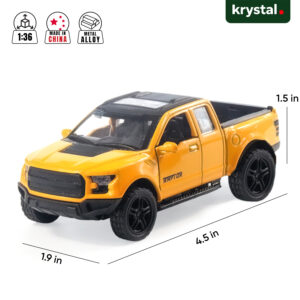 Yellow Ford F-150 Raptor 1:36 scale diecast model pickup truck with alloy body and pull-back action