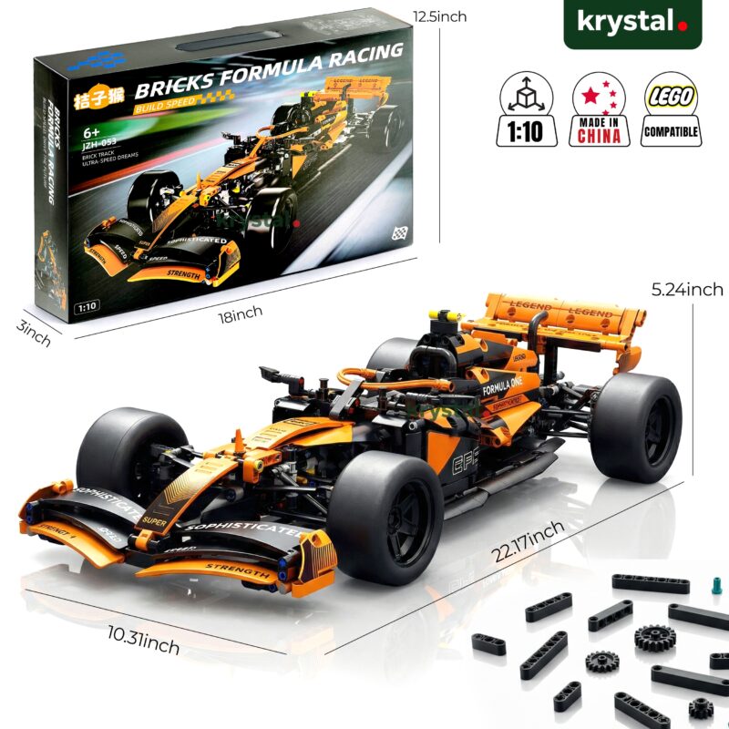 LEGO-compatible McLaren inspired F1 racing car 1:10 scale building block set in papaya orange livery