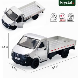 Silver GAZelle Next 1:34 scale diecast flatbed truck with opening doors and pull-back drive function
