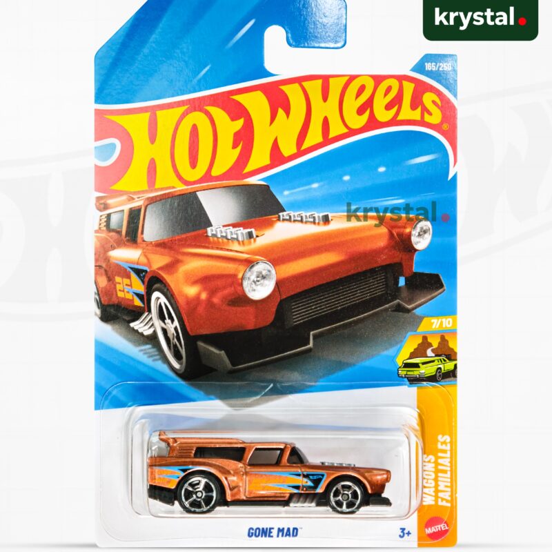 Hot Wheels Gone Mad die-cast car in metallic bronze with flame decals from the Wagons Familiales series