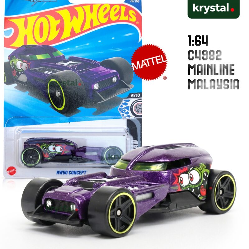 Purple Hot Wheels HW50 Concept 1:64 scale die-cast car with creature graphics and green rims Mattel Mainline