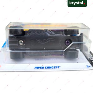 Hot Wheels HW50 Concept die-cast car underside showing Mattel logo and model details in original packaging