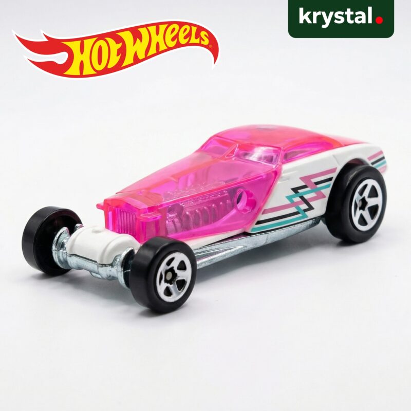 Hot Wheels Hi-Roller die-cast toy car in white with transparent pink hood and retro side graphics