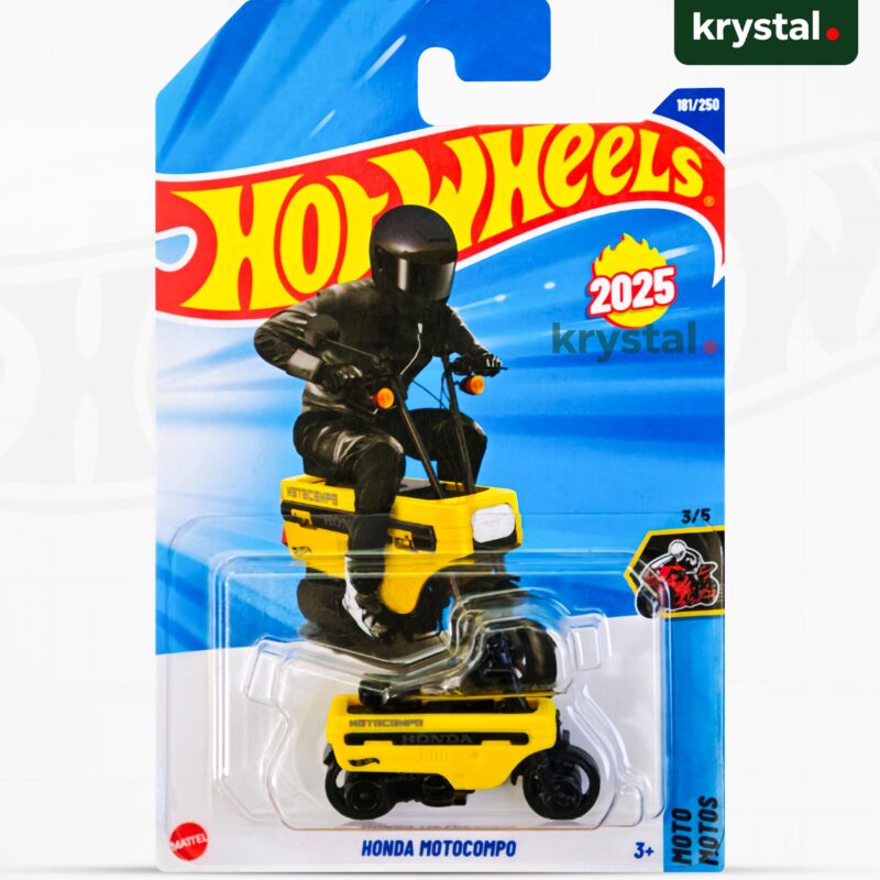 Yellow Hot Wheels Honda Motocompo die-cast scooter, 2025 Mainline Moto Motos 181/250 JDM collectible