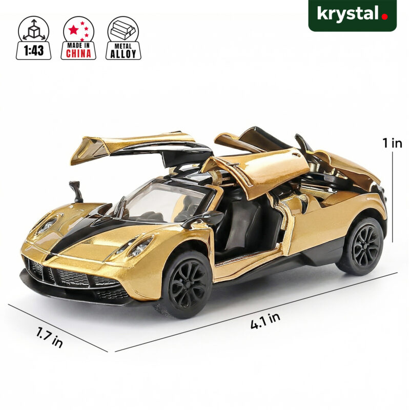 Krystal 1:43 gold Pagani diecast alloy model car with openable gull-wing doors and pull-back action