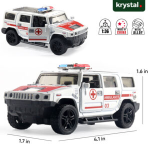 1:36 scale Hummer H2 diecast ambulance model car, white metal alloy SUV with openable doors and pull-back drive