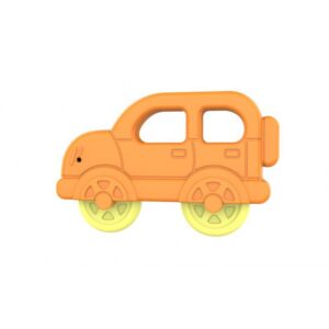Orange car-shaped baby rattle and teether toy by Krystal Curated, BPA-free silicone sensory toy for infants
