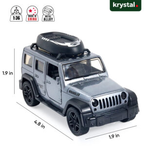 1:36 Jeep Wrangler Rubicon Gray Mod Alloy diecast car with roof cargo box and off-road detailing
