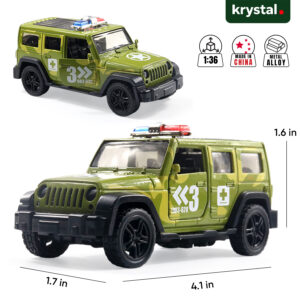 1:36 scale green army Jeep Wrangler Rubicon diecast model car with metal alloy body and pull-back action