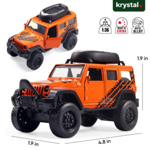 Orange Jeep Wrangler Rubicon 1:36 scale diecast model car with openable doors and metal alloy body