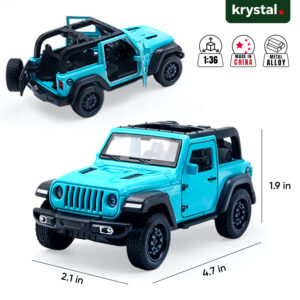 1:36 scale pastel blue Jeep Wrangler Rubicon convertible diecast SUV with openable doors and dimensions