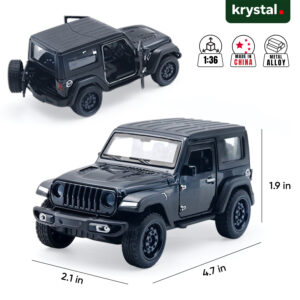 1:36 scale black Jeep Wrangler Rubicon diecast model car with metal alloy body and openable doors