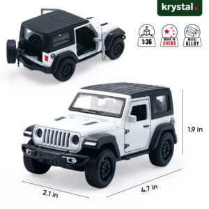 1:36 scale white Jeep Wrangler Rubicon diecast model car with metal alloy body and openable doors