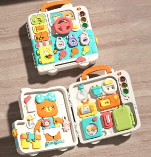 81-in-1 activity busy board for toddlers featuring traffic, dress-up, and home life sensory learning panels