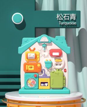 Turquoise home play activity busy board with interactive kitchen, laundry, and light switch toys for toddlers