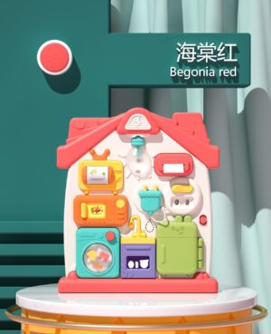 81-in-1 Begonia red house activity busy board featuring home play panels with microwave, washing machine, and sink