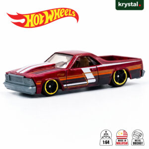 Hot Wheels '80 Chevrolet El Camino red die-cast muscle truck with racing stripes, 1:64 scale HW Hot Trucks series