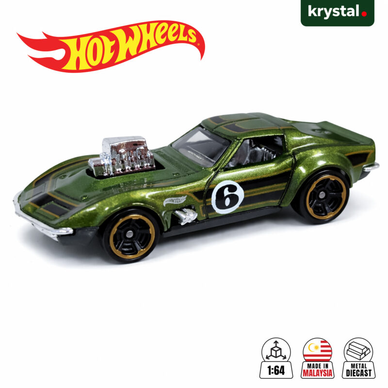 Hot Wheels Chevrolet ’68 Corvette Gas Monkey Garage metallic green 1:64 scale die-cast car with exposed engine blower