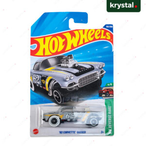 Hot Wheels '62 Corvette Gasser 1:64 scale silver die-cast car with racing decals from HW Reverse Rake series