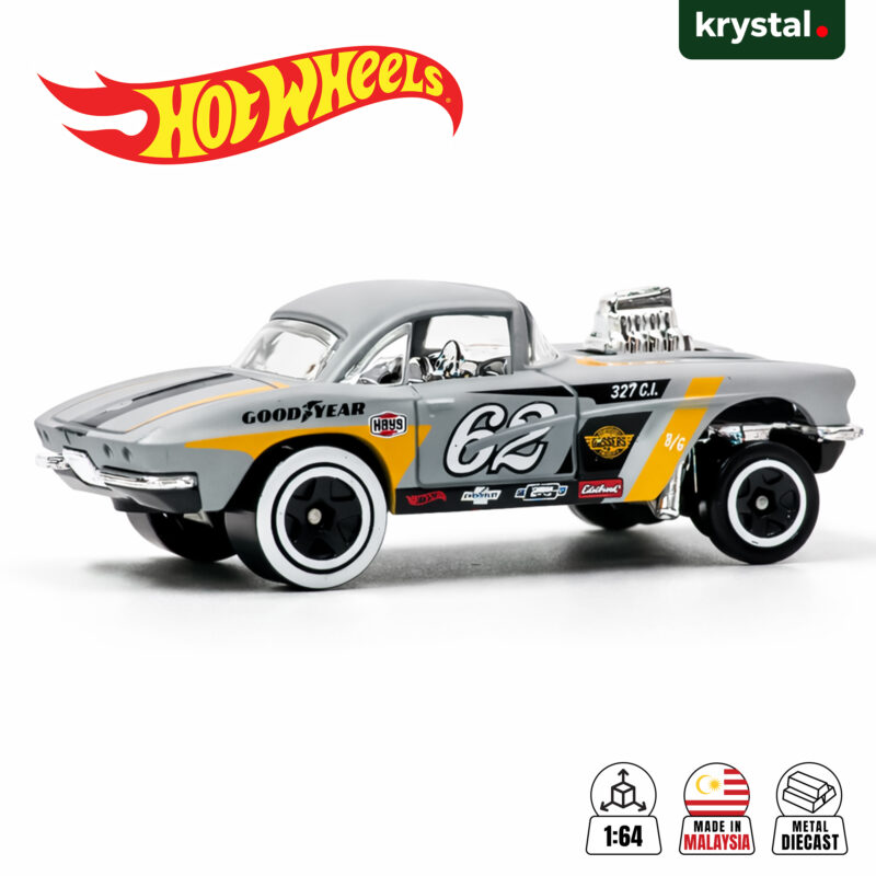 Hot Wheels Chevrolet '62 Corvette Gasser 1:64 scale silver die-cast drag racer with racing graphics and exposed engine